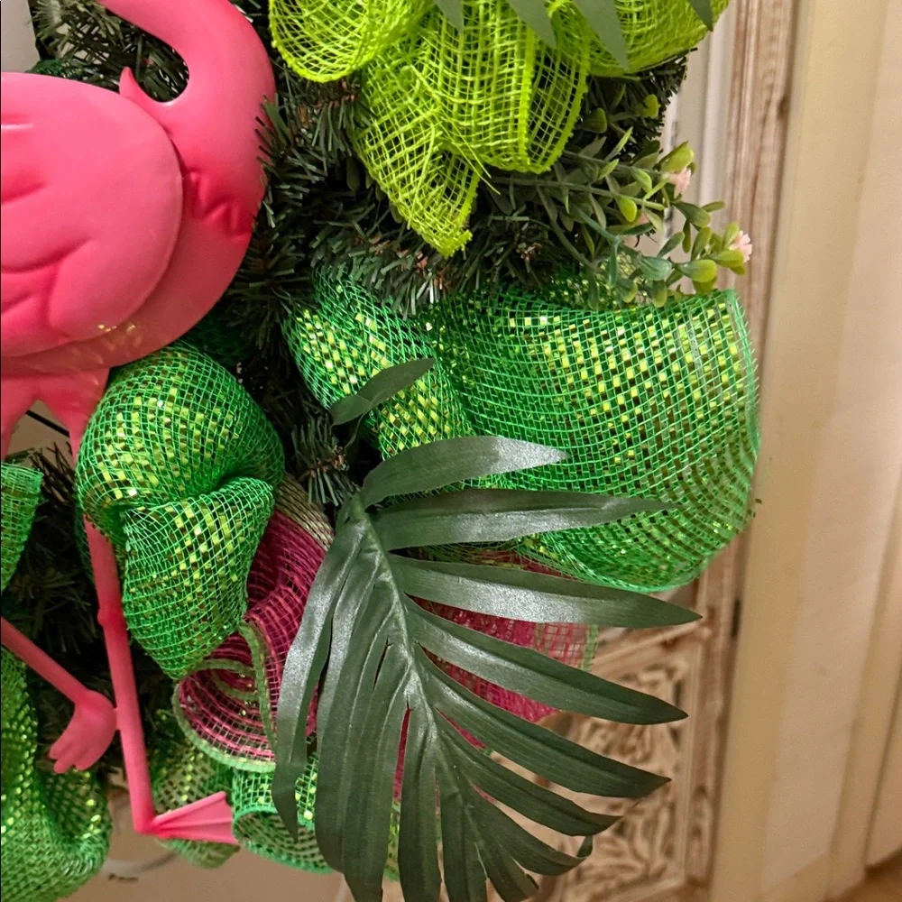 Pink Flamingo Tropical Holiday Wreath - Green & Pink
